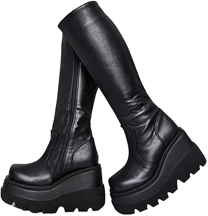Womens High Platform Mid-Calf Round-Toe Combat Boots