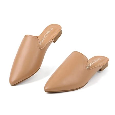 MUSSHOE Mules for Women Slip On Comfortable Pointed Toe Womens Loafers Women's Flats for Women's Mules & Clogs,Tan pu 8