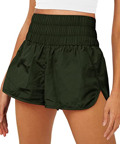 AUTOMET Womens High Waisted Athletic Shorts Elastic Casual Summer Running Shorts Quick Dry Gym Workout Shorts Army Green