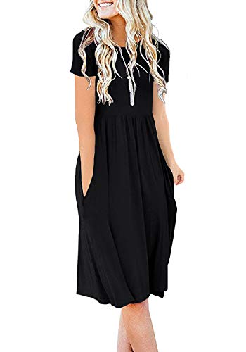 DB MOON Women Summer Casual Short Sleeve Dresses Empire Waist Dress with Pockets (Black, XS)