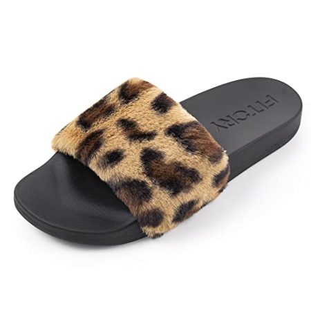FITORY Women Slides Slippers, Faux Fur Flat Open Toe Sandals with Arch Support for Indoor Outdoor Leopard Size 8