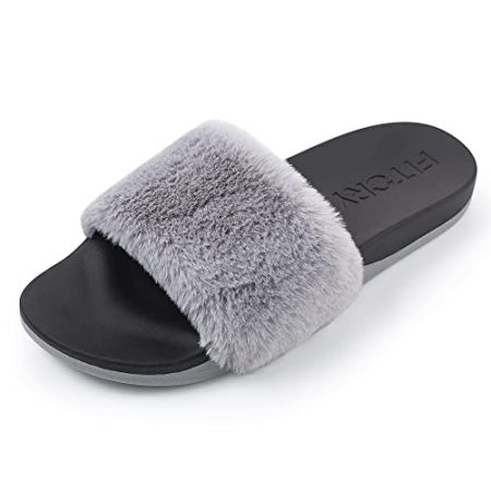 FITORY Women Slides Slippers, Faux Fur Flat Open Toe Sandals with Arch Support for Indoor Outdoor Grey Size 10