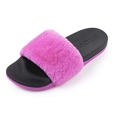 FITORY Women Slides Slippers, Faux Fur Flat Open Toe Sandals with Arch Support for Indoor Outdoor Rose Red Size 9