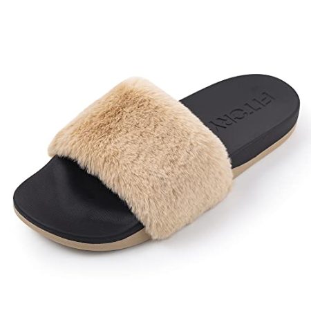 FITORY Women Slides Slippers, Faux Fur Flat Open Toe Sandals with Arch Support for Indoor Outdoor Khaki Size 7