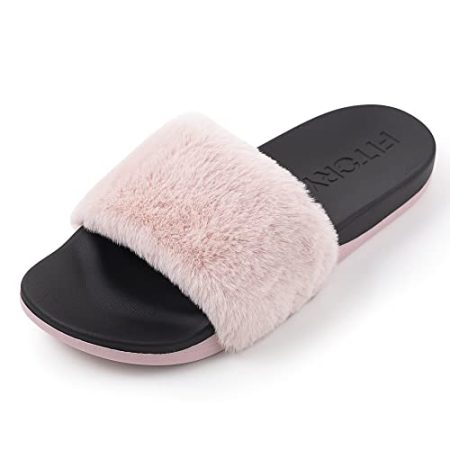 FITORY Women Slides Slippers, Faux Fur Flat Open Toe Sandals with Arch Support for Indoor Outdoor Pink Size 8
