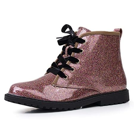 Girls Glitter Ankle Boots, Lace Up Waterproof Combat Shoes With Side Zipper for Little Kid/Big Kid Brown Gold Gypsophila Size 5
