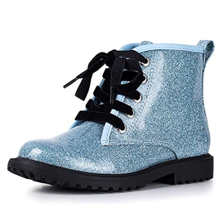 Girls Glitter Ankle Boots, Lace Up Waterproof Combat Shoes With Side Zipper for Toddler Blue Sparkly Size 9