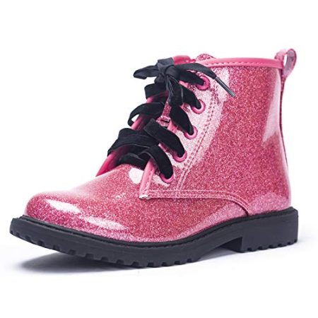 Girls Glitter Ankle Boots, Lace Up Waterproof Combat Shoes With Side Zipper for Toddler Hot Pink Sparkly Size 10