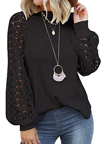 MIHOLL Women's Casual Sweet & Cute Loose Shirt Balloon Sleeve Blouse Top (Black, Small)