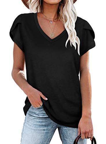 T Shirts for Women V Neck Summer Cap Sleeve Tops Black S