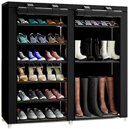 TXT&BAZ 27-Pairs Tool Free Easy Assembled Boot Rack Double Row Shoe Rack Covered with Nonwoven Fabric(7-Tiers Black)