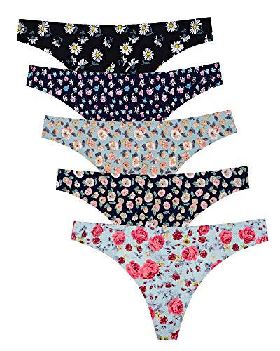 VOENXE Seamless Thongs for Women No Show Thong Underwear Women 5-10 Pack (5 Pack Floral Design, X-Small)