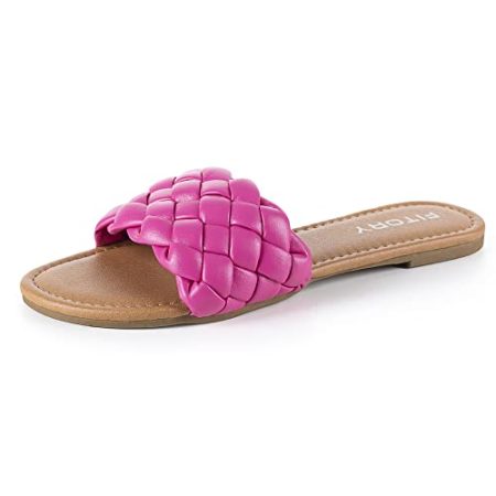 Womens Flat Sandals Fashion Round Open Toe Slip On Slides with Braided Strap Slippers for Summer Size 9 Pink
