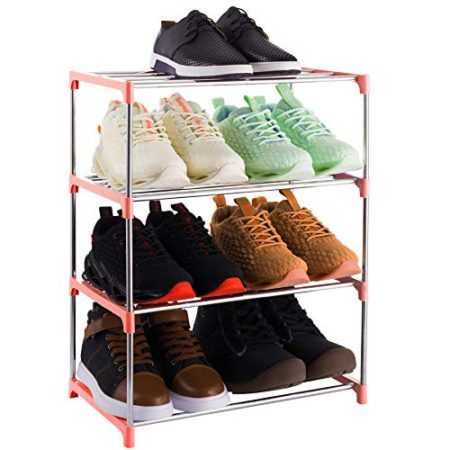 Xerhnan 4-Tier Stackable Small Shoe Rack, Lightweight Shoe Shelf Storage Organizer for Entryway, Hallway and Closet (Pink)