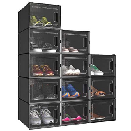 YITAHOME Shoe Box, Set of 12 Medium Size Shoe Storage Lightweight Plastic Organizers Stackable Shoe Storage Box Rack Drawers - Black